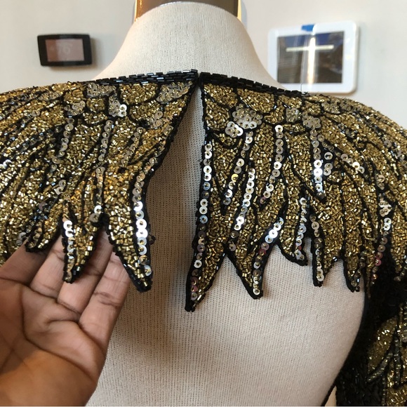 VTG Oleg Cassini BlackTie Sequin Embellished Heavily Beaded 100% Silk Open Back - Picture 3 of 11